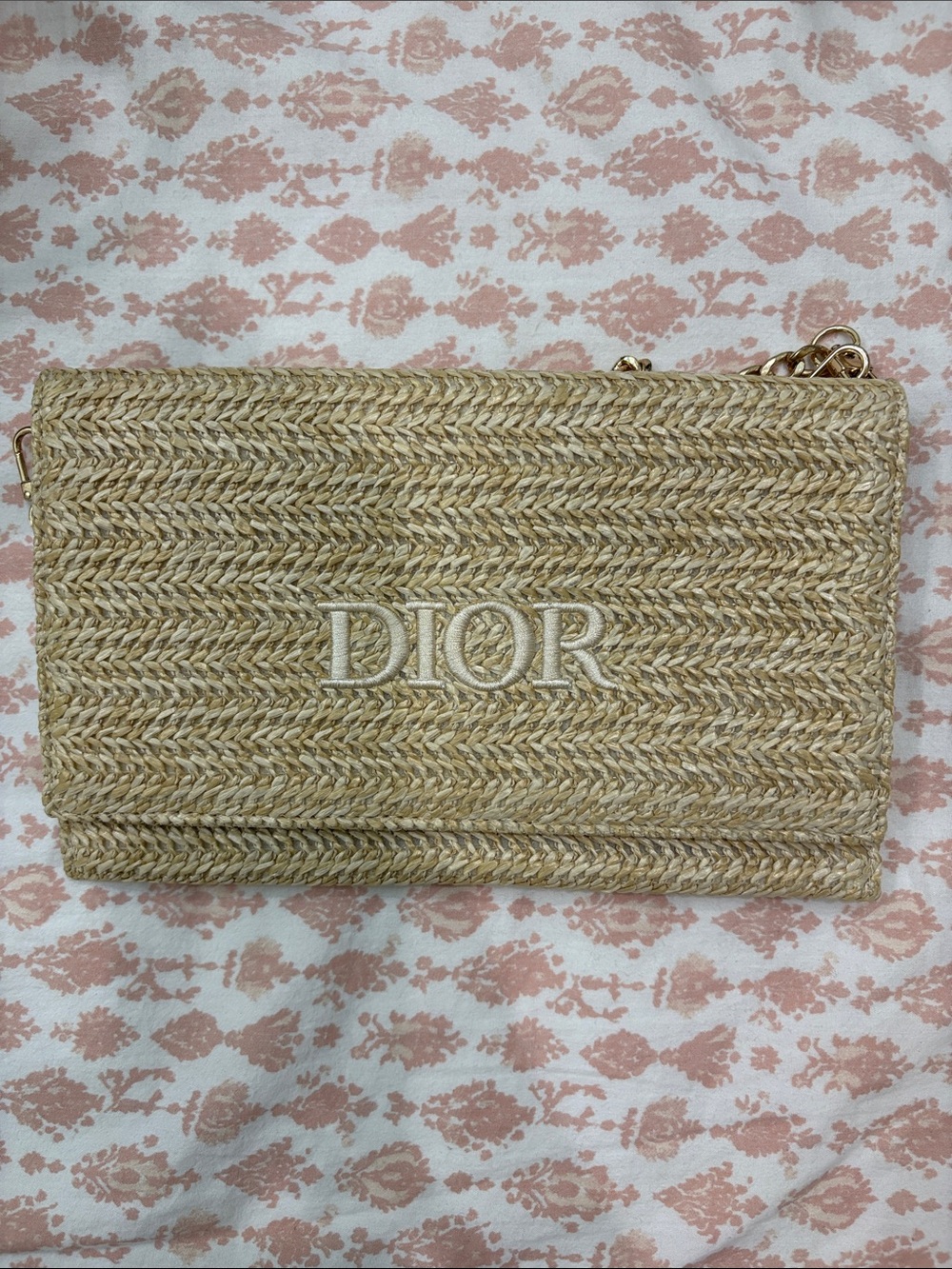 Dior Beige Straw Clutch with Gold Chain